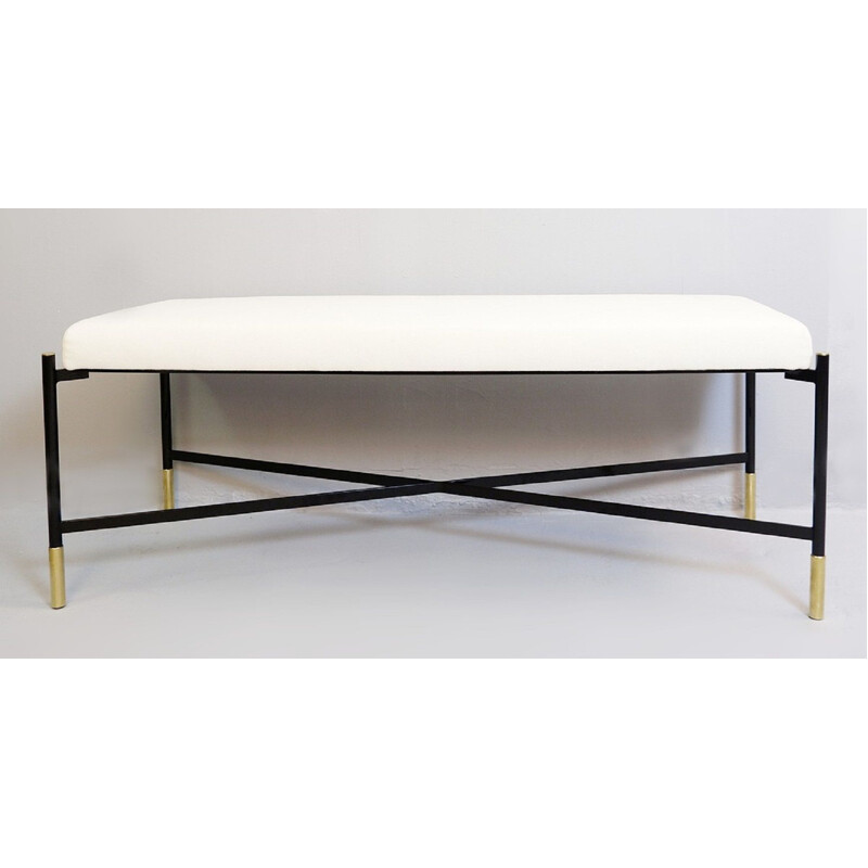 Pair of Vintage Benches 125 cm new creamy white fabric with black metal legs