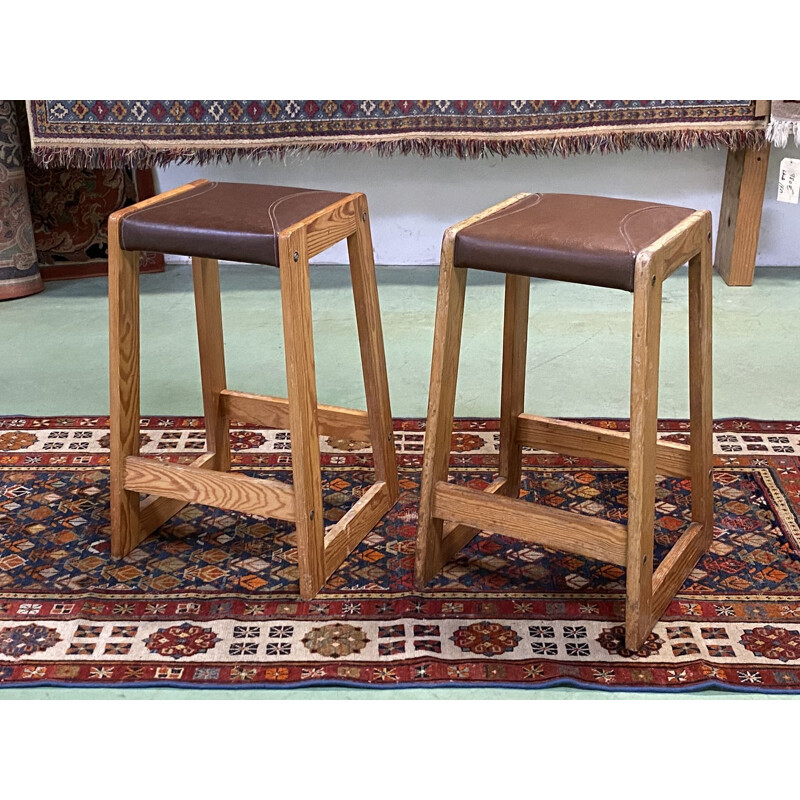 Pair of vintage pitch pine high stools 1950's
