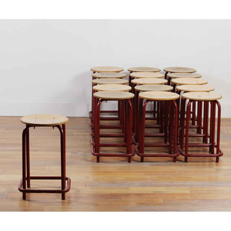 Set of 16 Marko stools in wood and red metal - 1950s