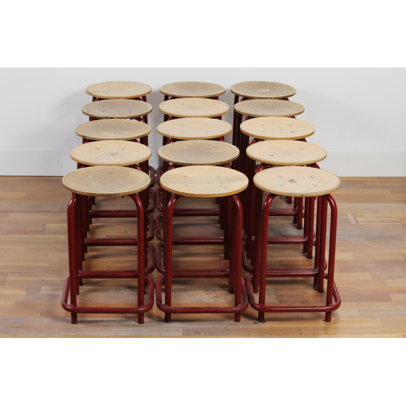 Set of 16 Marko stools in wood and red metal - 1950s