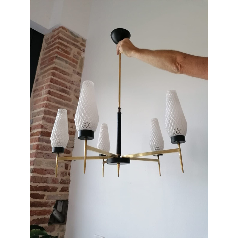 Vintage 5-branch chandelier in black metal and brass