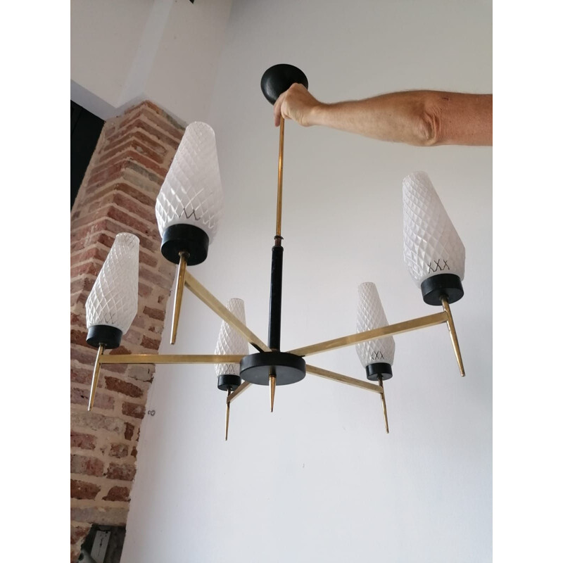 Vintage 5-branch chandelier in black metal and brass