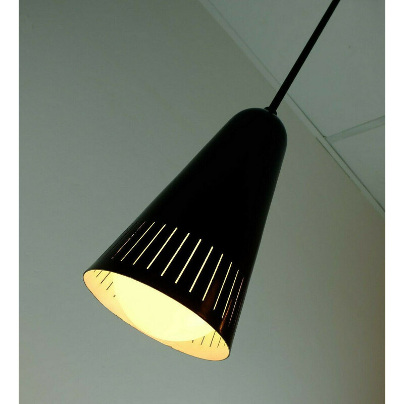 Mid century pendant light industrial bauhaus stilnovo black metal and glass 1950s