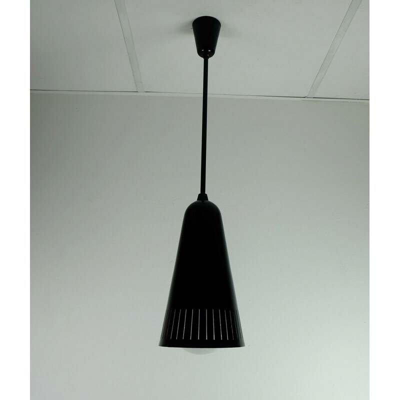 Mid century pendant light industrial bauhaus stilnovo black metal and glass 1950s