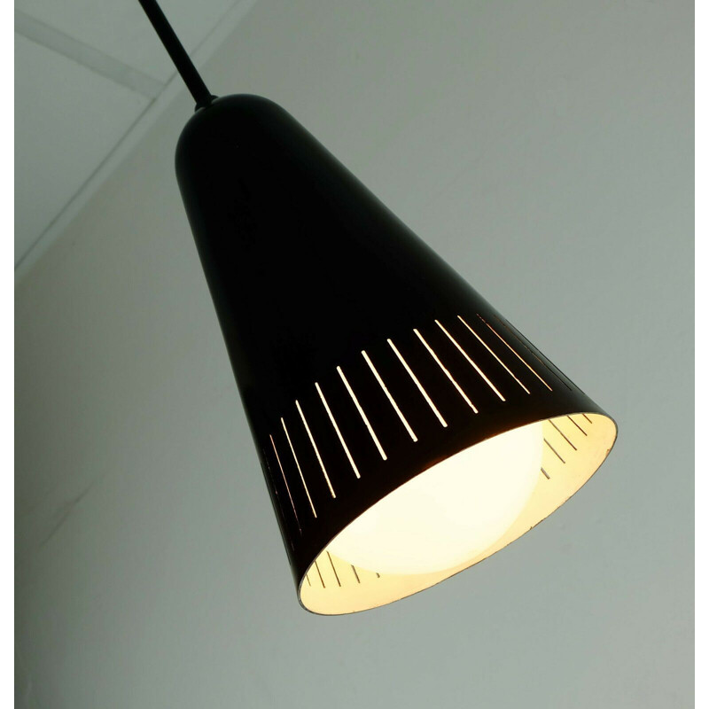 Mid century pendant light industrial bauhaus stilnovo black metal and glass 1950s