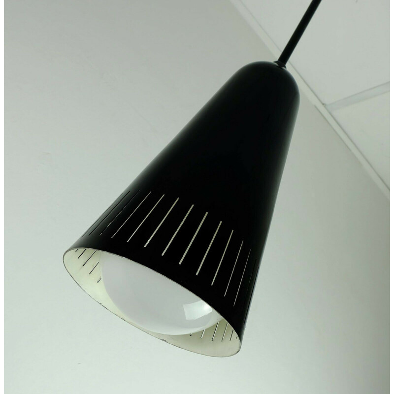 Mid century pendant light industrial bauhaus stilnovo black metal and glass 1950s