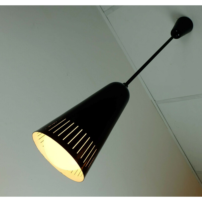 Mid century pendant light industrial bauhaus stilnovo black metal and glass 1950s