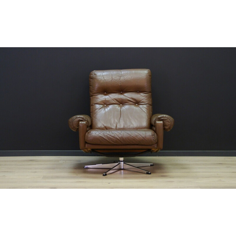 Fauteuil vintage en cuir brun avec acier scandinave 1970