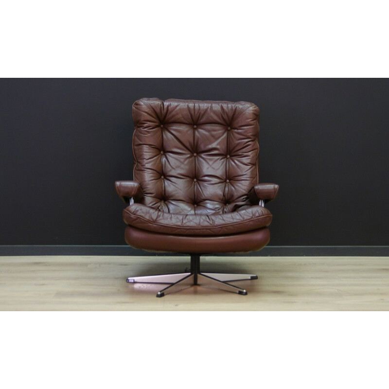 Vintage brown leather and steel vintage armchair, scandinavian 1970