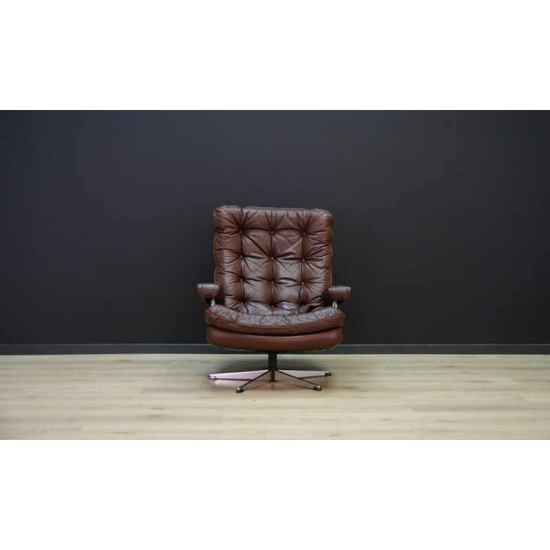 Vintage brown leather and steel vintage armchair, scandinavian 1970