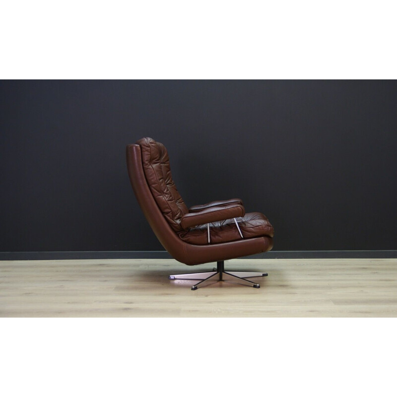 Fauteuil vintage en cuir brun et acier, scandinave 1970