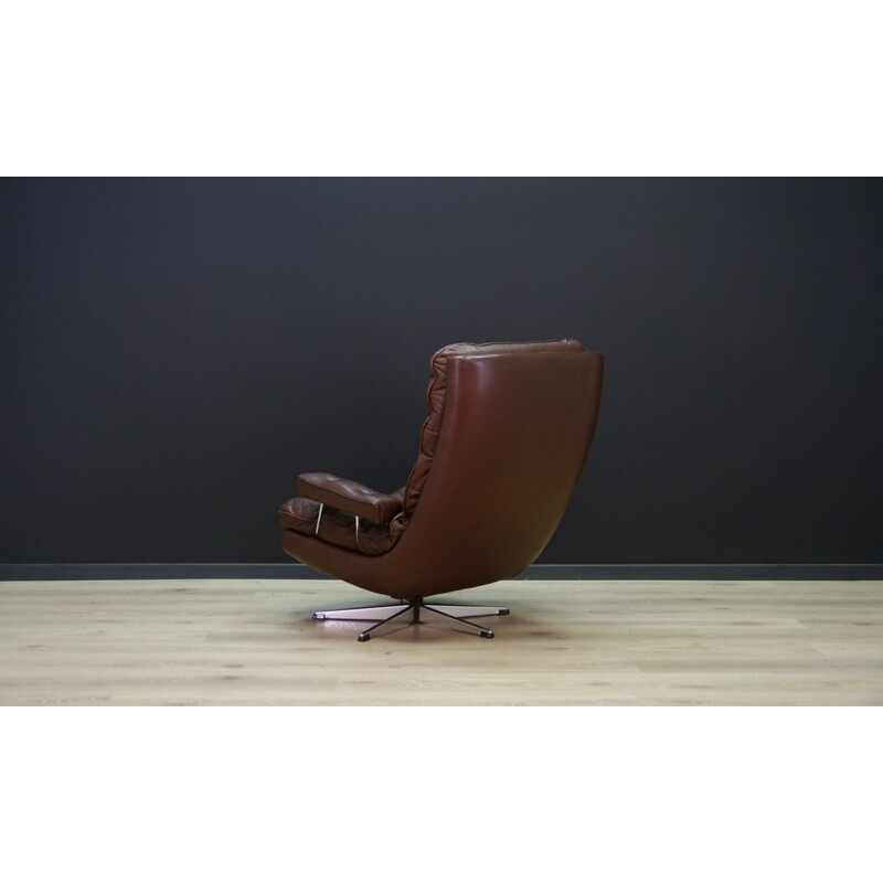 Vintage brown leather and steel vintage armchair, scandinavian 1970