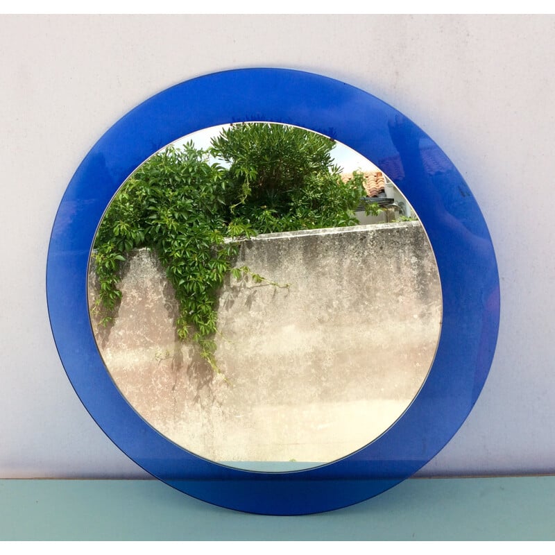 Veca large round blue mirror in glass - 1970s