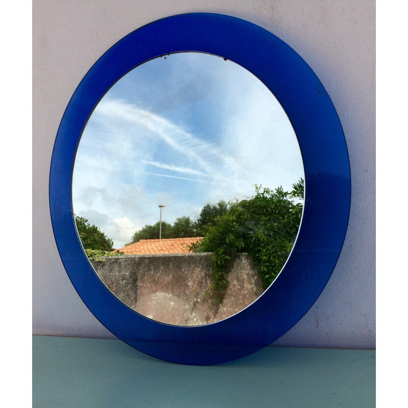 Grand miroir rond bleu indigo en verre Veca - 1960