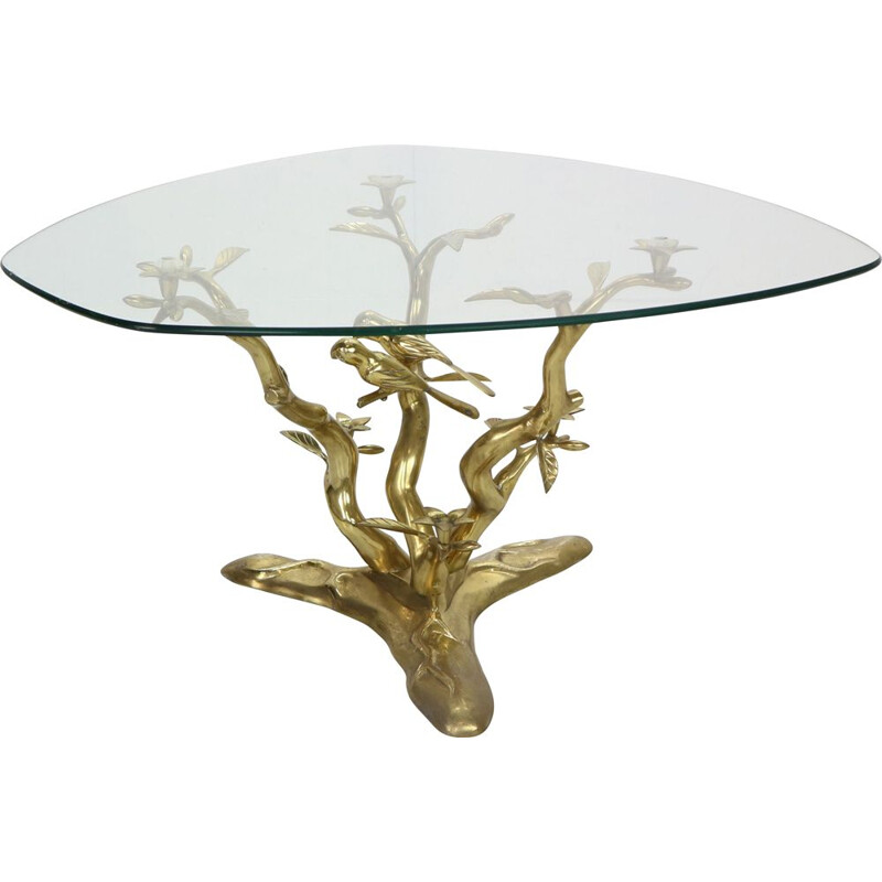 Vintage Sculpture Coffee Table, Belgium Willy Daro Brass & Glass Tree & Birds 1970s