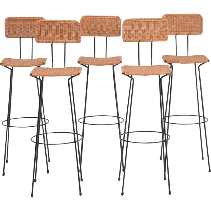 Set of 5 vintage wicker bar stools by Gian Franco Legler, 1951