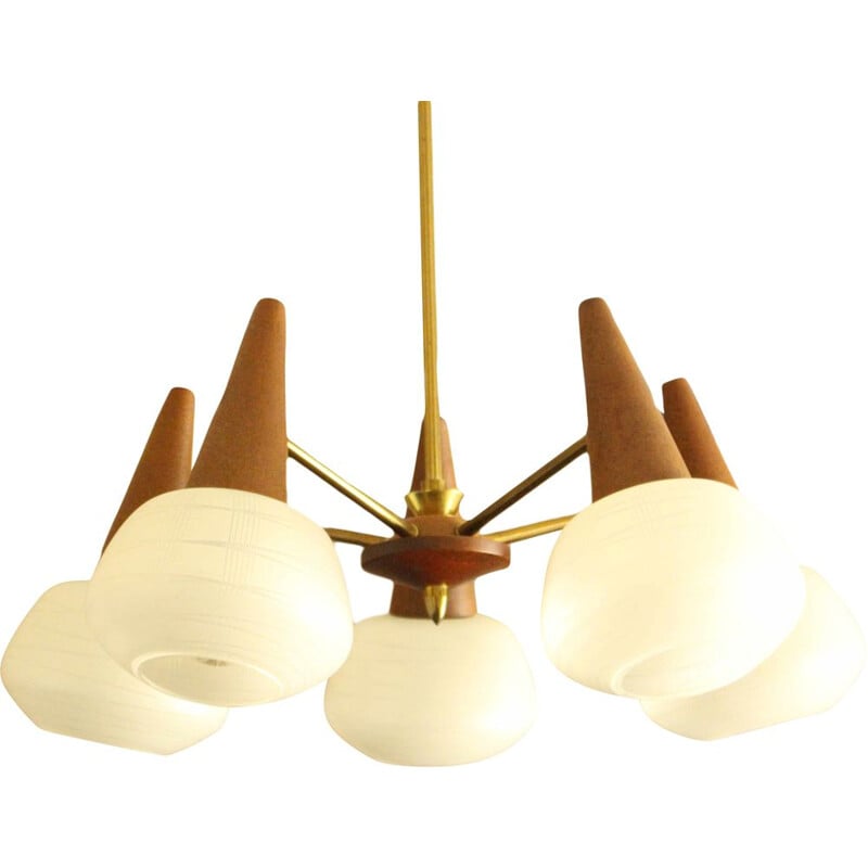 Vintage Chandelier Teak And Voss Glass, Denmark 1950s