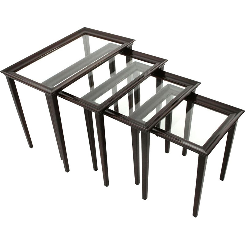 Set of 4 nesting vintage tables in wood and glass,Italian 1940