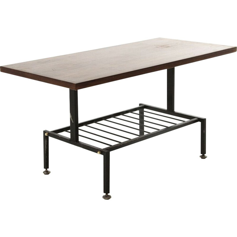  Black painted metal vintage coffee table with teak top, 1950