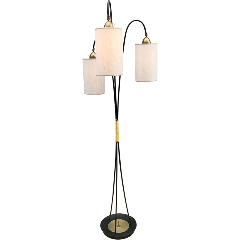 Vintage 3-lichts vloerlamp met stoffen kap