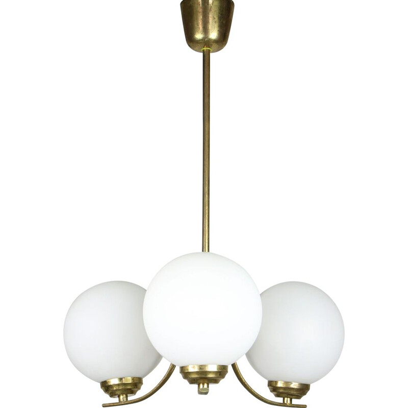 Vintage sputnik brass & opaline glass ceiling lamp