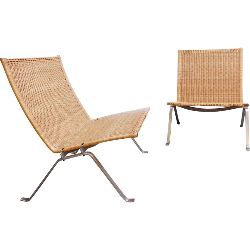 Pair Of Vintage 'PK-22' Steel And Wicker Armchairs, by Poul Kjaerholm and Fritz Hansen, Denmark 1990