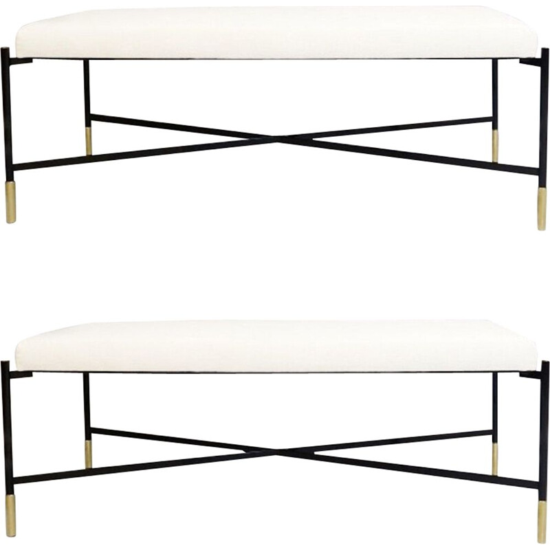 Pair of Vintage Benches 125 cm new creamy white fabric with black metal legs