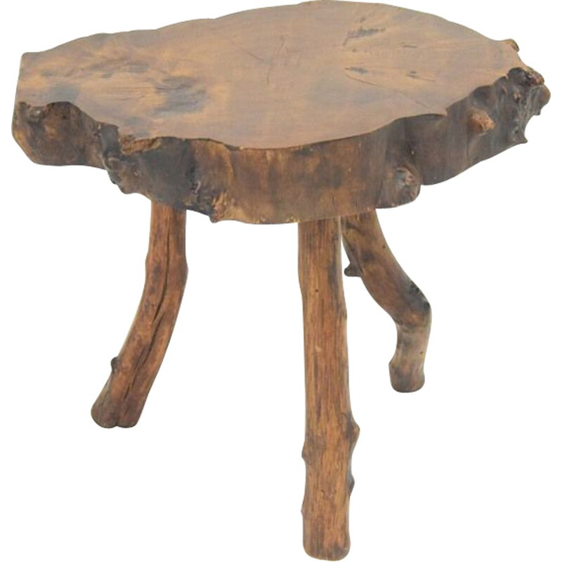 Tavolino brutalista vintage in legno d'ulivo massiccio, 1980