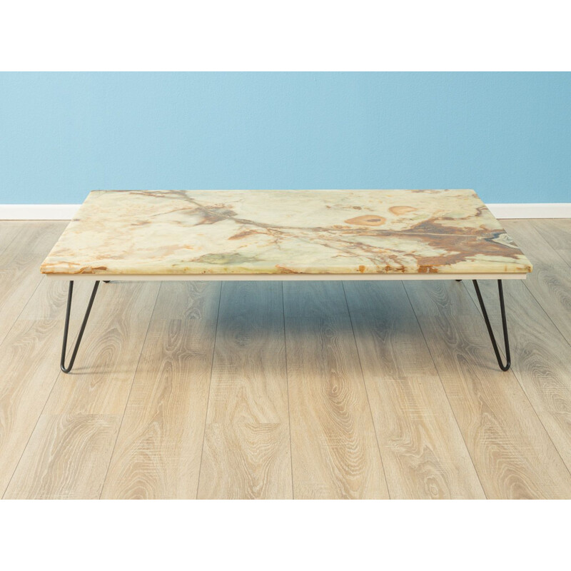 Vintage Coffee table with a marble top in shimmering beige tones and brown accents 1960s