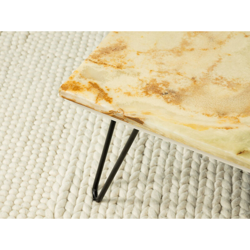 Vintage Coffee table with a marble top in shimmering beige tones and brown accents 1960s