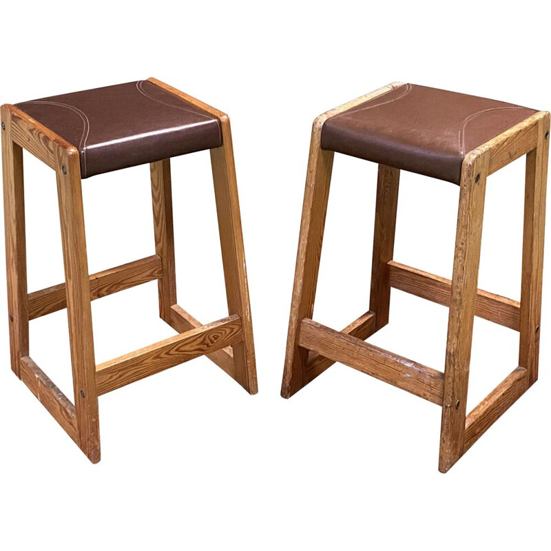 Pair of vintage pitch pine high stools 1950's