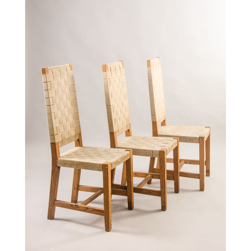 Ensemble de 3 chaises vintage en pin et en lanières, France 1950