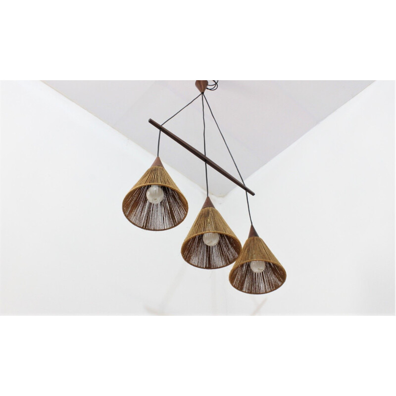 Vintage rope and teak chandelier Danish 1950