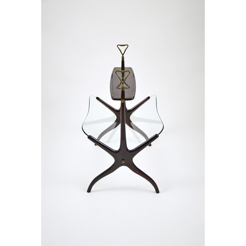 Vintage Magazine Rack In Mahogany, Glass And Brass By Cesare Lacca, 1950s