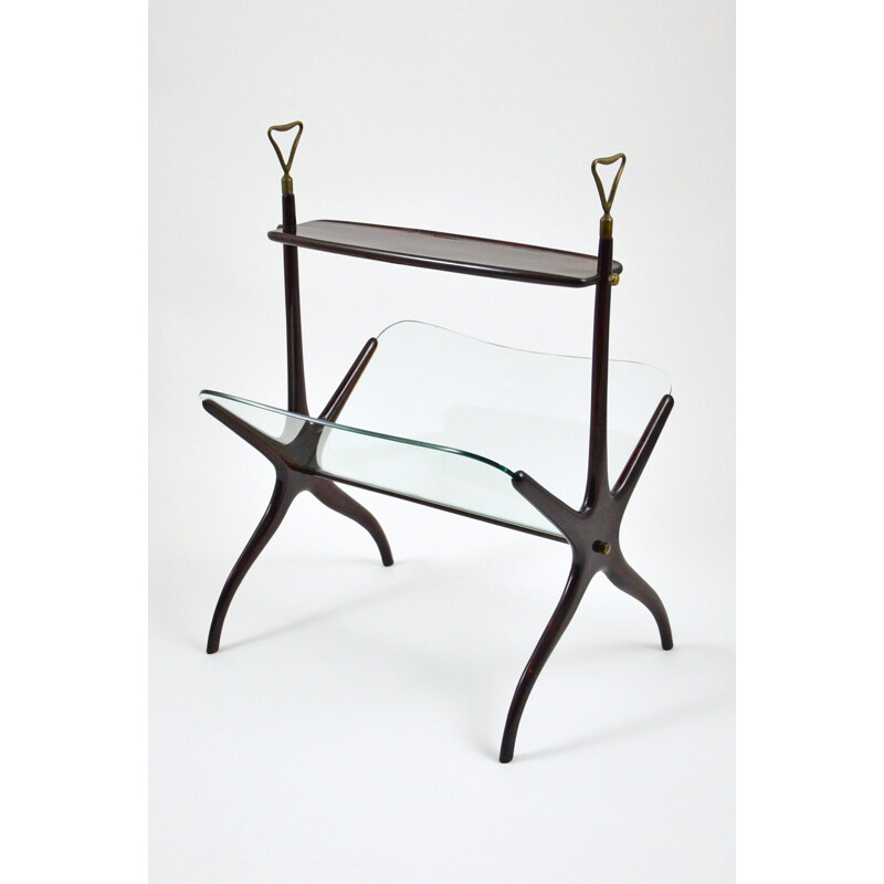 Vintage Magazine Rack In Mahogany, Glass And Brass By Cesare Lacca, 1950s