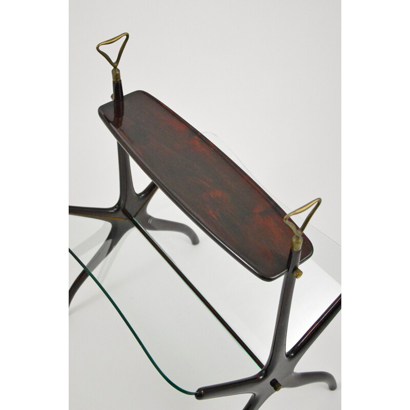 Vintage Magazine Rack In Mahogany, Glass And Brass By Cesare Lacca, 1950s
