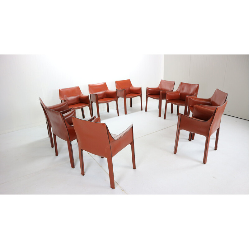 Set of 10 vintage Cab 413 leather dining chairs by Mario Bellini for Cassina Italy 1980s