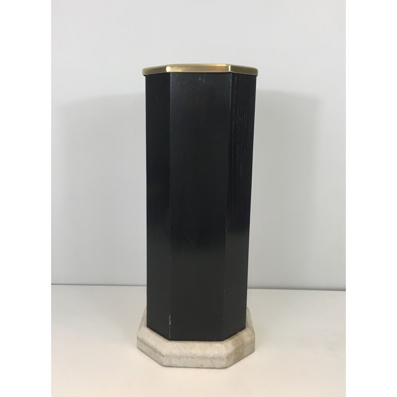 Vintage umbrella stand in blackened wood, brass and marble, 1950