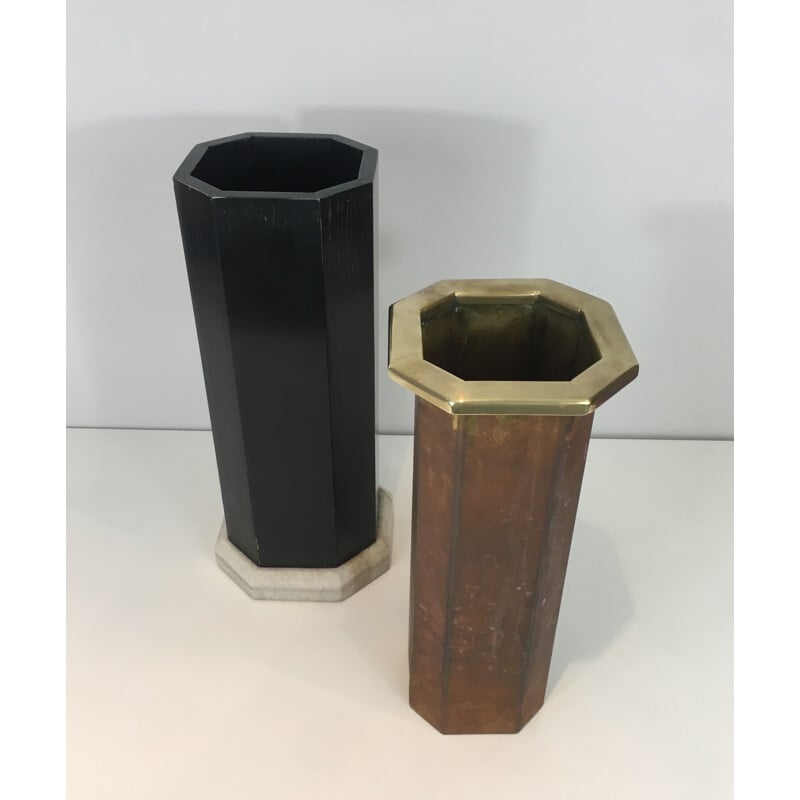 Vintage umbrella stand in blackened wood, brass and marble, 1950