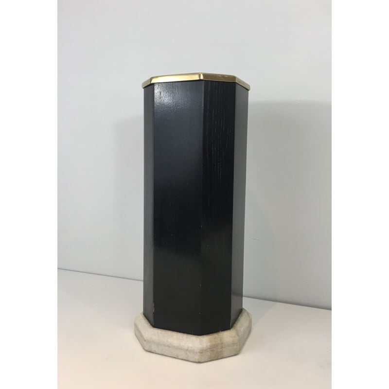 Vintage umbrella stand in blackened wood, brass and marble, 1950