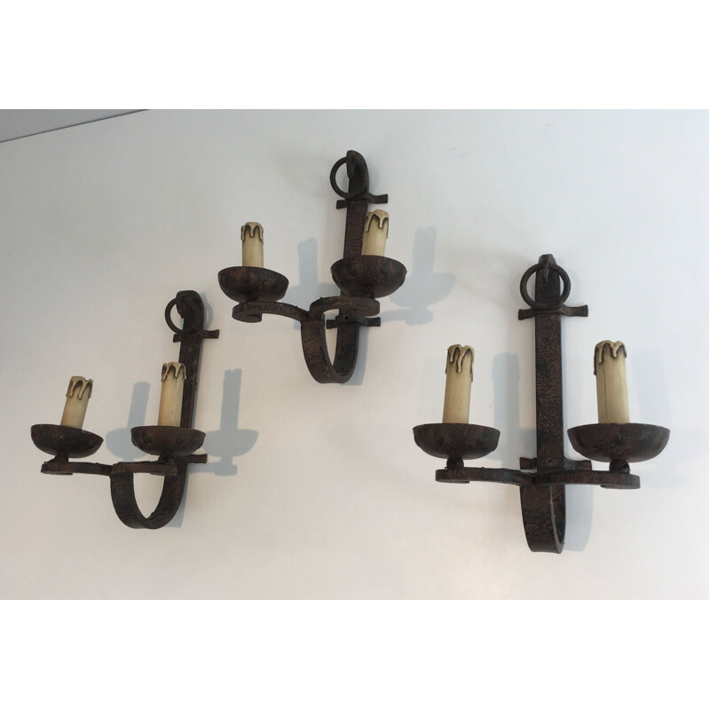 Set of 3 vintage wrought iron wall lamps, 1950