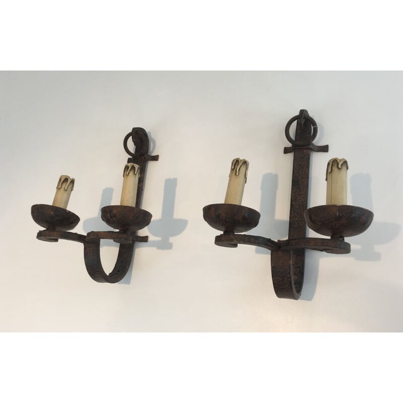 Set of 3 vintage wrought iron wall lamps, 1950