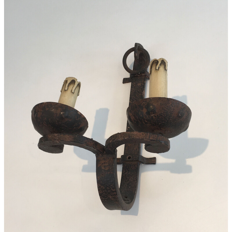 Set of 3 vintage wrought iron wall lamps, 1950