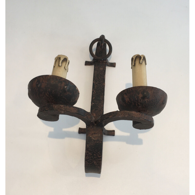 Set of 3 vintage wrought iron wall lamps, 1950