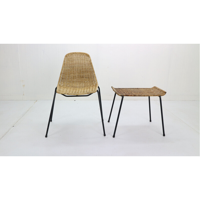 Chaise à panier et pouf vintage Gian Franco Legler Wicker Suisse 1951