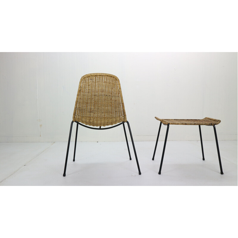 Chaise à panier et pouf vintage Gian Franco Legler Wicker Suisse 1951