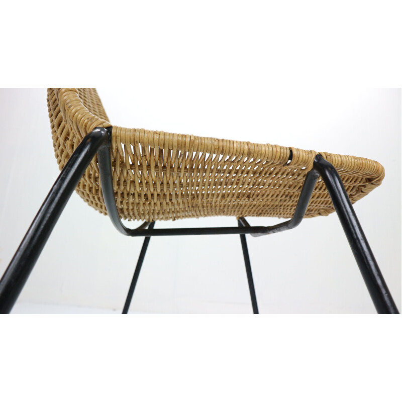 Chaise à panier et pouf vintage Gian Franco Legler Wicker Suisse 1951