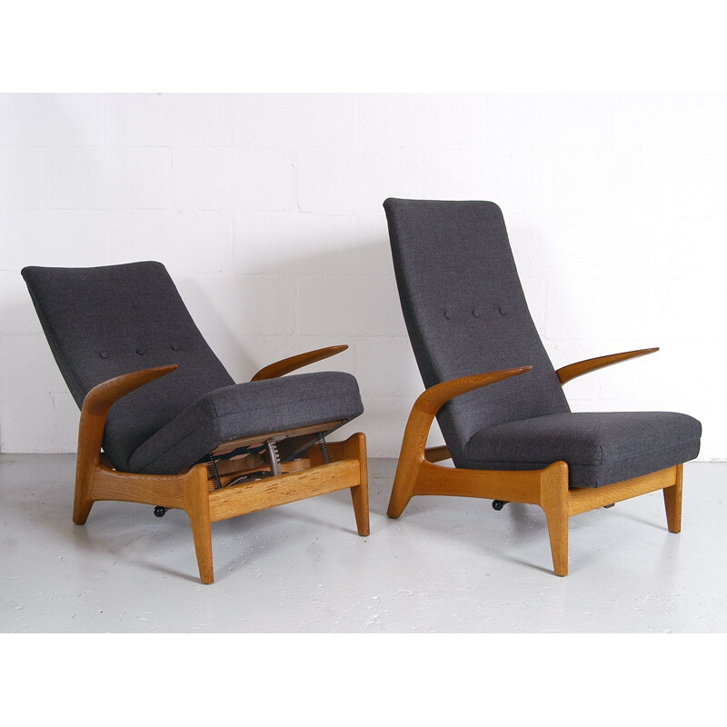 Pair Midcentury Rest Lounge Chairs Oak + Grey Rock 'n' by Rastad & Relling 1960s