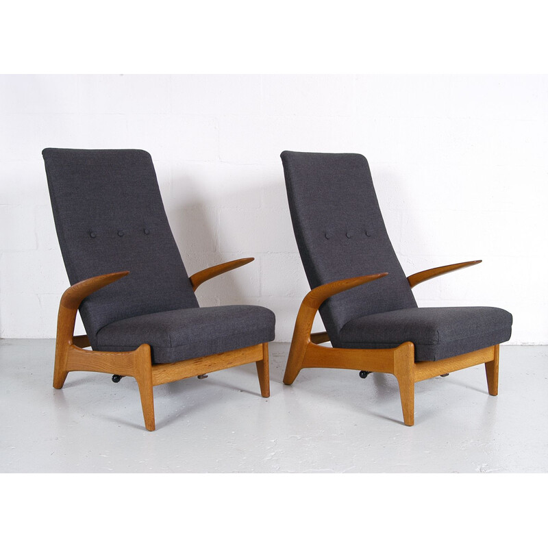 Pair Midcentury Rest Lounge Chairs Oak + Grey Rock 'n' by Rastad & Relling 1960s