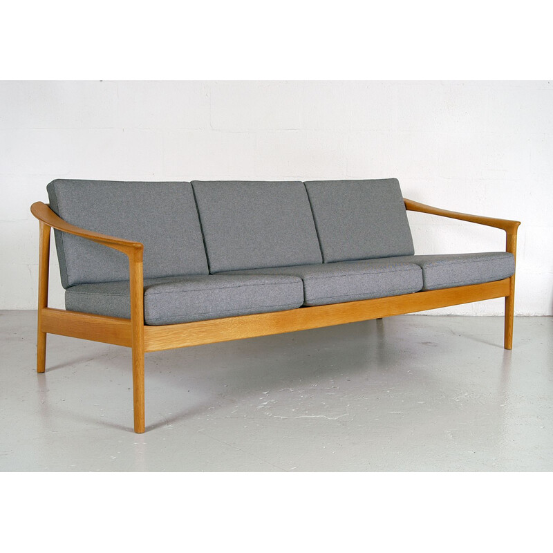Midcentury 3-Seat Oak and Grey Sofa by Folke Ohlsson for Bodafors Swedish 1960s